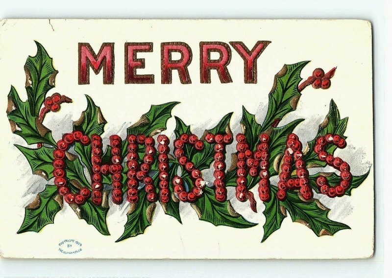 1907-15 Ullman Holly Christmas Berries Postcard Merry Embossed Co Letters 