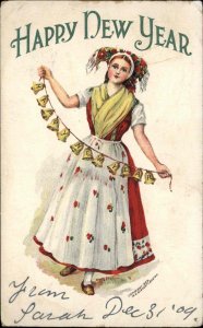 New year WC Blodgett Woman in Ethnic Costume with Bells Vintage Postcard