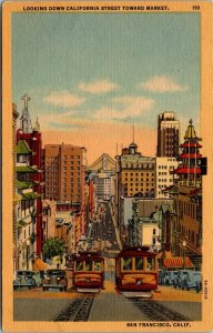 Vtg San Francisco CA California Street Toward Market Cable Cars 1930s Postcard