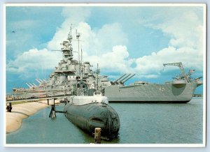 Mobile Alabama AL Postcard USS Drum & USS Alabama Battleship c1950's Vintage