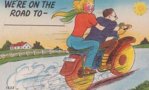 We're On The Road To Nowhere Lovers Motorcycle Racing Antique Comic Postcard