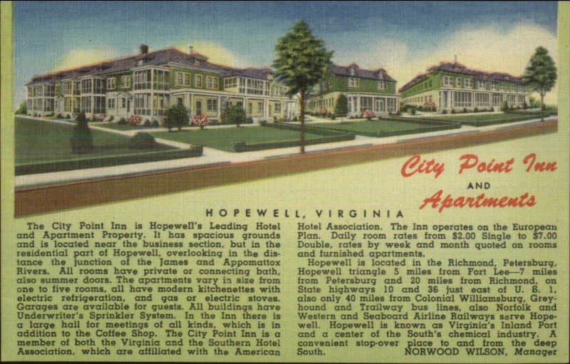 Hopewell VA City Point Inn & Apts Linen Postcard 