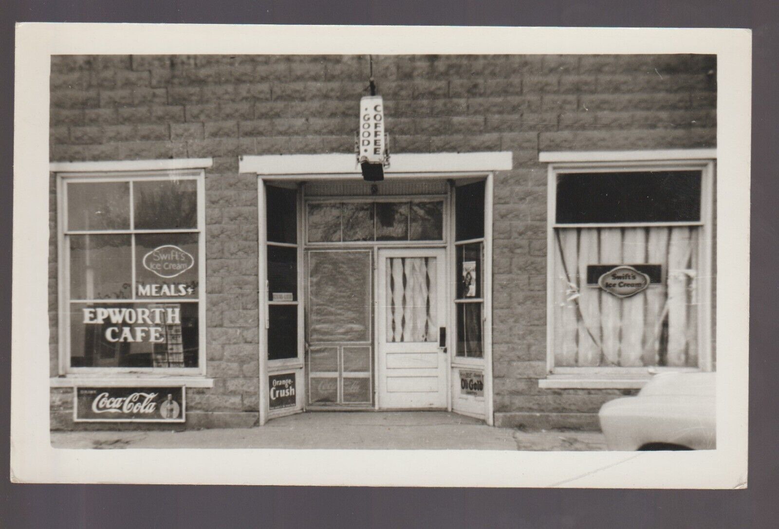 Epworth IOWA RPPC c1950 CAFE Diner COCACOLA Swift's ICE CREAM