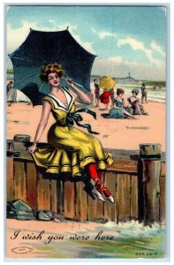 1910 Woman Umbrella Beach Bathing I Wish You Were Here Portland OR Postcard