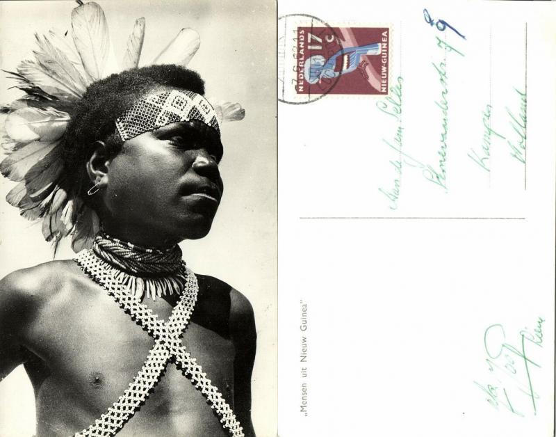 dutch new guinea, Young Native Papua Boy with Feathers (1962) RPPC Stamp