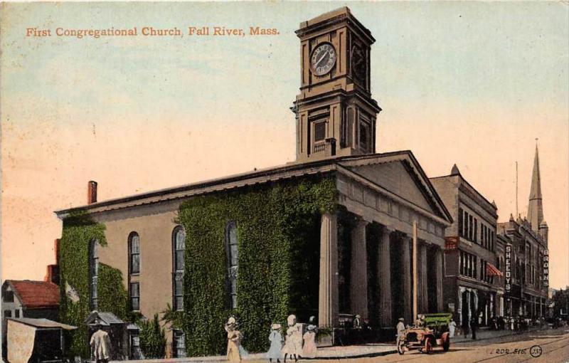 25764 MA, Fall River, 1910, First Congregational Church, car and ladies walki...