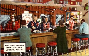 Linen Postcard Interior of Red Dog Saloon in Juneau, Alaska