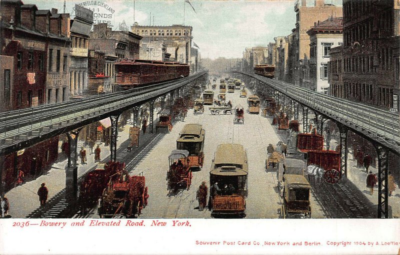 Bowery & Elevated Road, Manhattan, N.Y.C., 1904 Train Postcard, Unused 