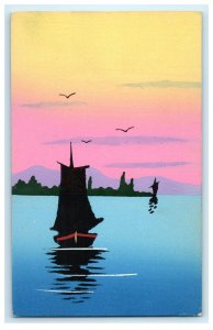 c1910 Tranquil Hand Painted Art Sailboat on Ocean Lake Antique European Postcard