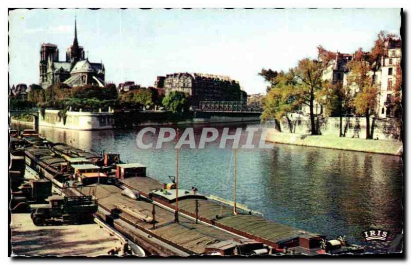 Old Postcard Notre Dame Paris barges on the Seine