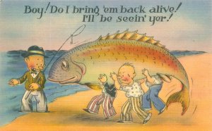 Fisherman w/Giant Fish Do I bring em back alive!  Comic Linen Postcard Unused