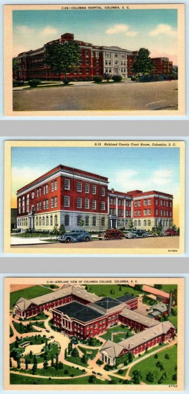 3 Postcards COLUMBIA, SC ~ RICHLAND COUNTY COURT HOUSE, College, Hospital c1940s