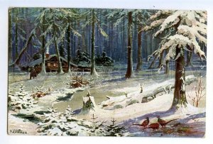 497784 Krahmer hunting pheasants in the winter forest Vintage postcard TSN #772