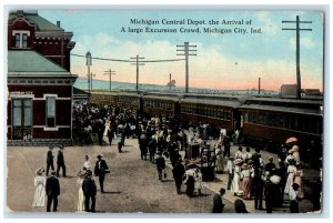 1917 Michigan Central Depot Arrival Crowd Michigan City Indiana Vintage Postcard