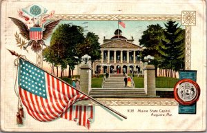 Patriotic Postcard State Capitol Building in Augusta, Maine