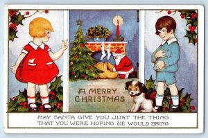 Christmas Postcard Children Santa Claus Putting Toys On Stockings Fireplace