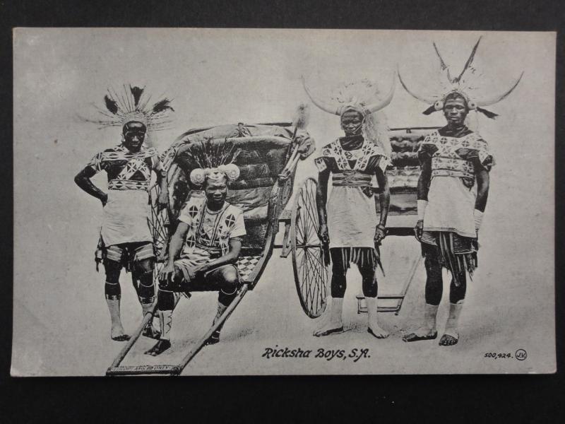 South Africa FOUR RICKSHA BOYS & RICKSHA - Old Postcard, Bill Hopkns Collection