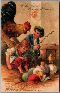 1907 EASTER Embossed PFB Postcard Boy & Girl / Chicks Hatching from Colored Eggs 