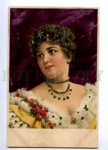 187408 Head BEAUTY Actress in Flowers Vintage PC w/ APPLIQUE