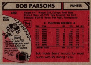 1980 Topps Football Card Bob Parsons P Chicago Bears sun0222