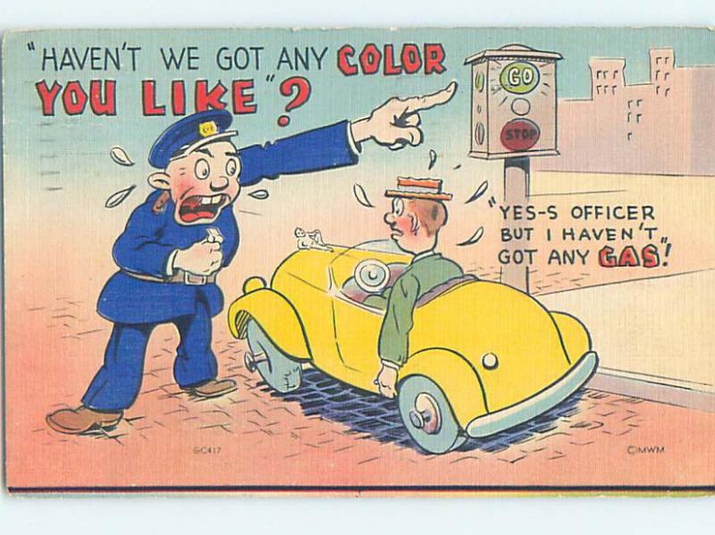 Linen comic POLICE OFFICER POINTING AT OLD STYLE STOPLIGHT HJ1969