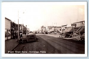 Anchorage AK Postcard RPPC Photo Street Scene Union Club Drugs Store Cars c1940s
