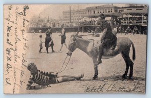 Atlantic City NJ Postcard Woman Riding Horse Donkey Selling Motorcycles 1909