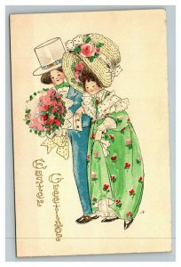 Vintage 1910's Art Deco Easter Postcard Woman Huge Bonnet Pink Roses
