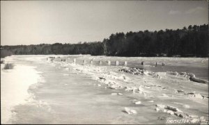 Ice Fishing Houses on River - Thomaston Maine ME Real Photo Postcard
