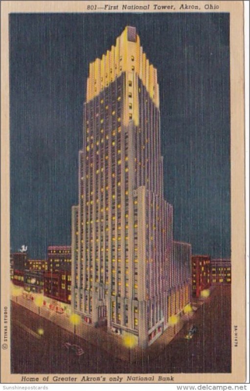 Ohio Akron First National Tower At Night Curteich