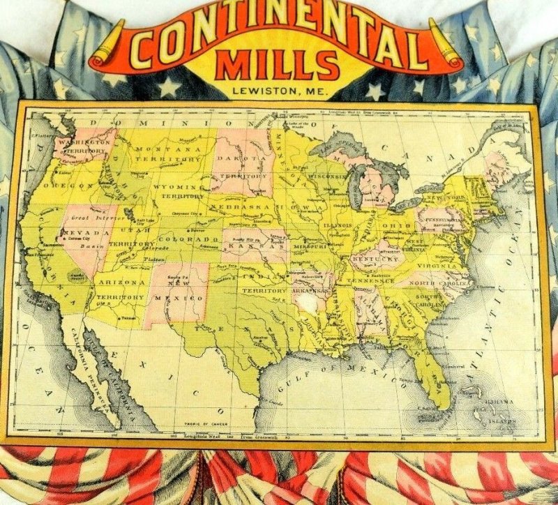 US Map 8 Territories Continental Mills, Lewiston, ME Scrap 8 1/4 X 9 3/4 &D 