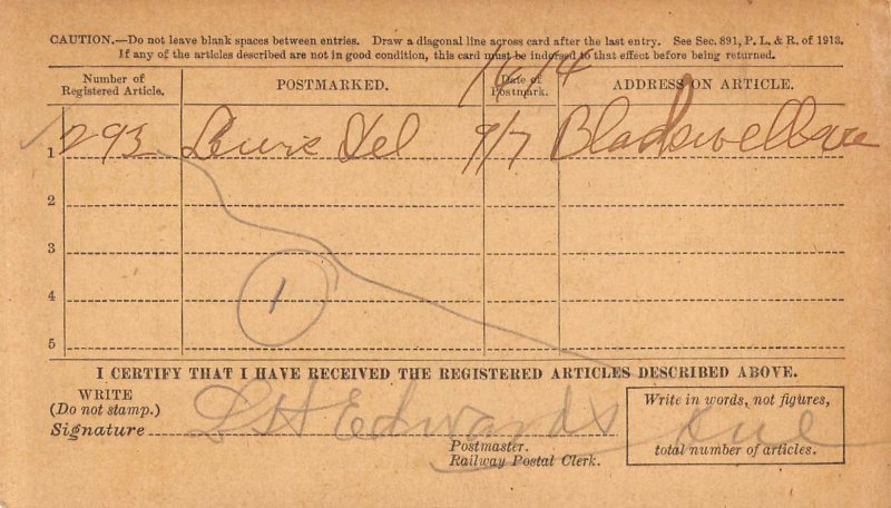 BLACKWELLS VIRGINIA PSTMK~U S POSTAL REGISTERED PACKAGE RECEIPT CARD 1914