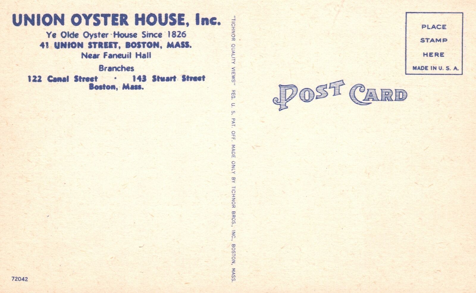 Vintage Postcard 1930's Union Oyster House Faneuil Hall Boston