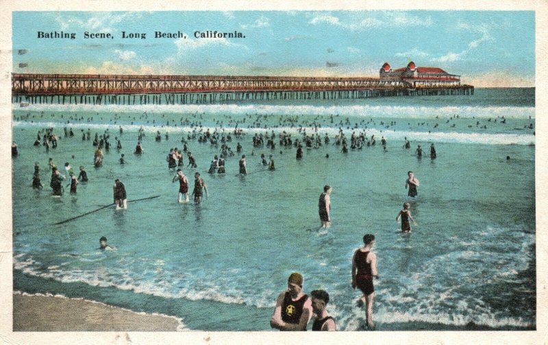 Vintage Postcard 1922 Bathing Scene Long Beach CA California