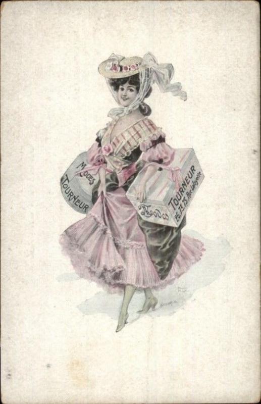 Beautiful Woman Shopping - Tourneur Modes Boxes KOSSUTH c1910 Postcard