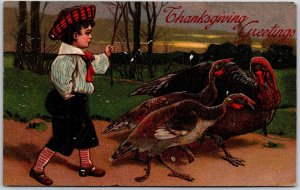 1908 Thanksgiving Greetings Turkeys And Victorian Boy Posted Vintage Postcard