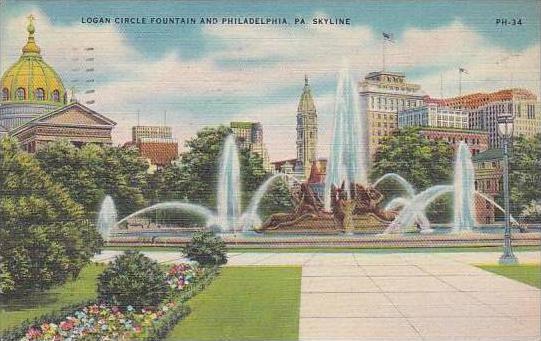 Pennsylvania Philadelphia Logan Circle Fountain And Philadelphia Skyline 1947