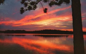 Michigan, Quiet Lake, Red-gold Reflection, Sunset Stormy Sky, Vintage Postcard