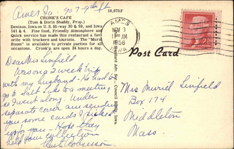 Denison Iowa IA Cronk's Caf� Multi-View Classic Cars Linen Vintage Postcard