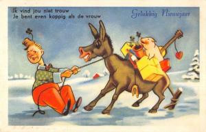 Dutch Happy New Year man pig riding donkey horseshoe antique pc Y13487