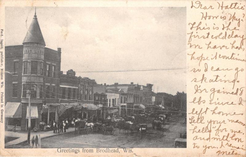 BRODHEAD WISCONSIN~MAIN STREET~STOREFRONTS~FERD INGOLD PUBL POSTCARD 1907