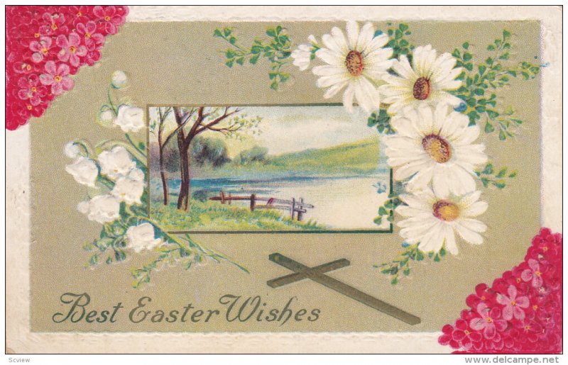 EASTER; Best Wishes, Lilly Bells, Daisies, Lake View, Cross, Pink Flowers, PU...