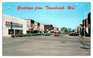 1960s/70s Greetings from Tomahawk WI Street Scene Ben Franklin, Gambles Postcard