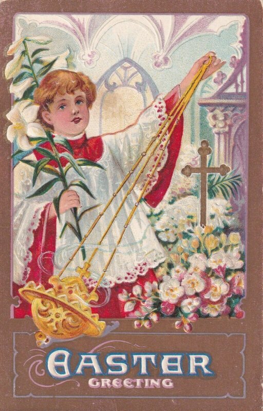 EASTER, 1900-10s; Greeting, Alter Boy holding Lily in church, Gold Cross