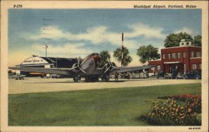 Portland Maine ME Airport Airplane c1940s Linen Postcard