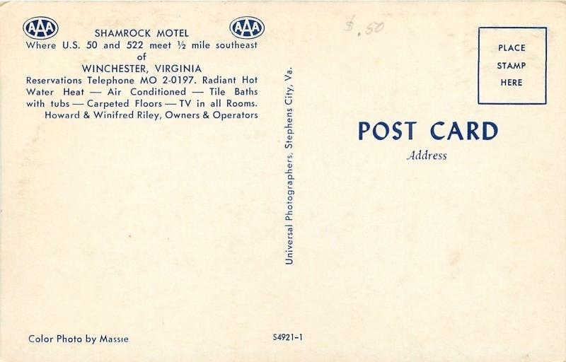 WInchester Virginia~Shamrock Motel~1950s Cars~Postcard