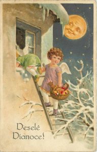 c1907 Czech Christmas Postcard Angels Climb in Window w Toys, Full Moon Watching