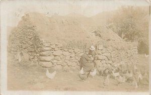 PEOPLE DRINKING-CHICKENS-STONE & THATCH SHED~1909 BRITISH REAL PHOTO POSTCARD