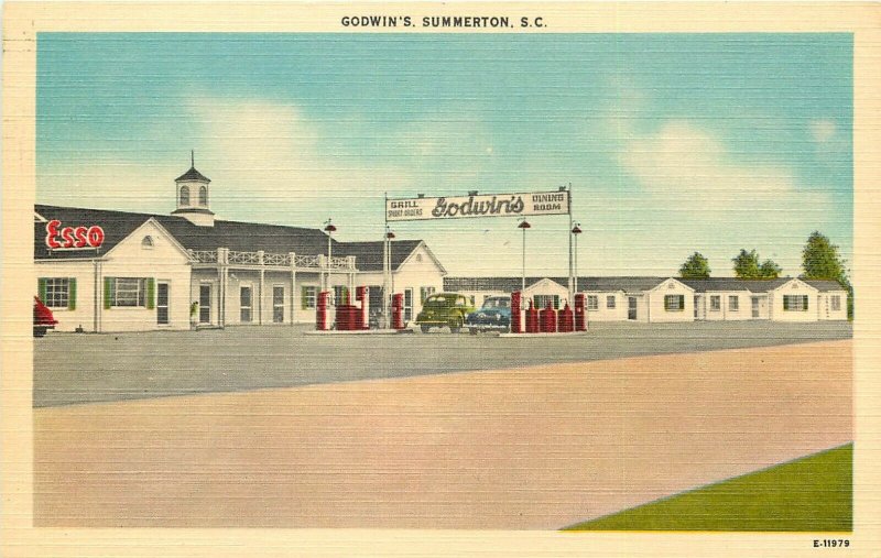 Linen Roadside Postcard Godwin's Grill, Esso Gas Station, Summerton SC Clarendon