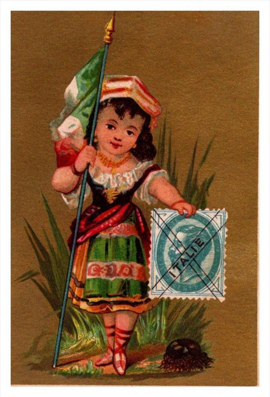 Italy Stamp, Flag, Girl   Victorian Philatelic Trade Card